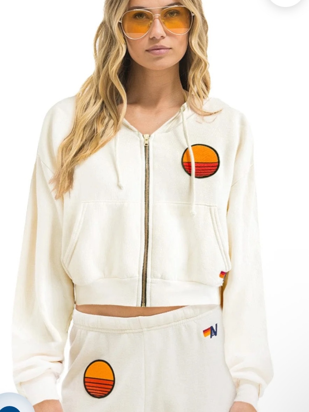 Aviator Nation Sunset Patch Cropped Zip Hoodie Relaxed Dove L - NWT